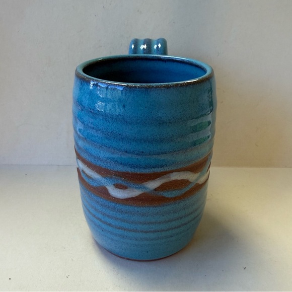 Handcrafted Hand Thrown Blue Brown and White Ceramic Redware Coffee Cup Mug - Picture 4 of 10